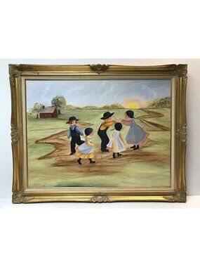 Unsigned Amish Children Folk Art Painting on Canvas Framed Country Farm Scene